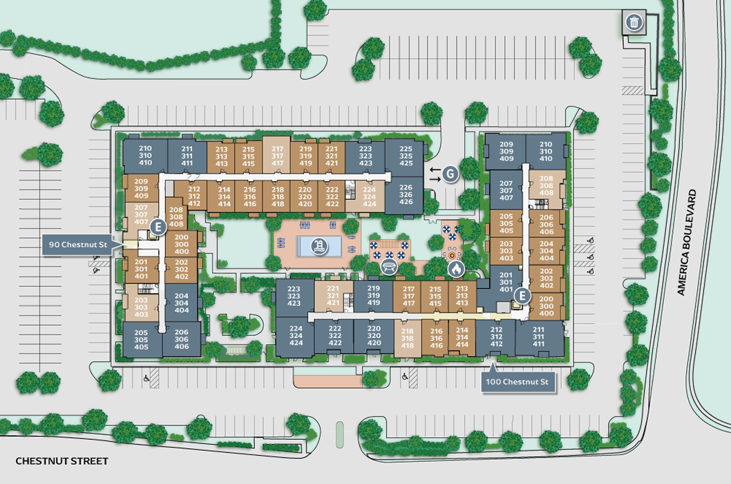 Asher_SP-UpperExpanded_FNL 1 Color-coded floor plan layout of The Asher apartment complex bordered by Chestnut Street to the south and America Boulevard to the east.