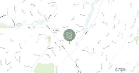 Map showing the location of The Asher apartment community in Ashland, Massachusetts. A green location marker with The Asher’s logo is centered on the map.